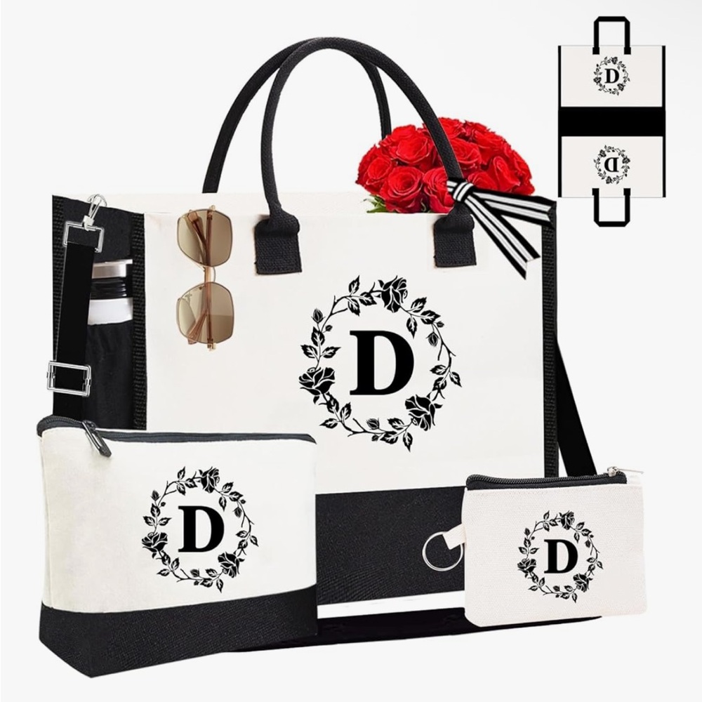 Embroidery Monogram Personalized Initial Canvas Tote Bags - D